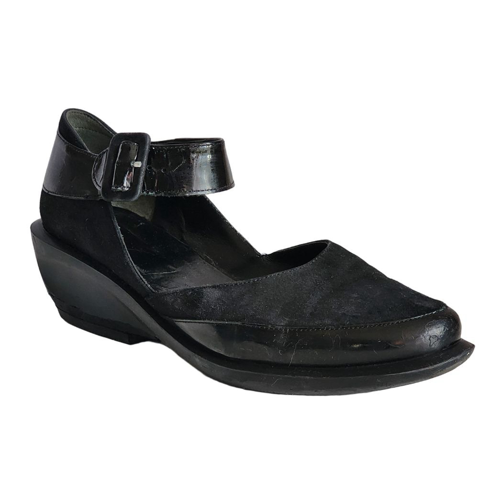 ROBERT CLERGERIE Black Suede Patent Leather Ankle Strap Wedges 8.5